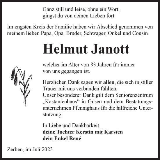 Traueranzeige von Helmut Janott von Volksstimme Burg/Genthin