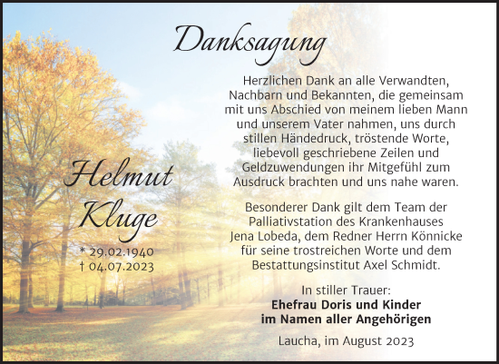Traueranzeige von Helmut Kluge von Wochenspiegel Naumburg/Nebra