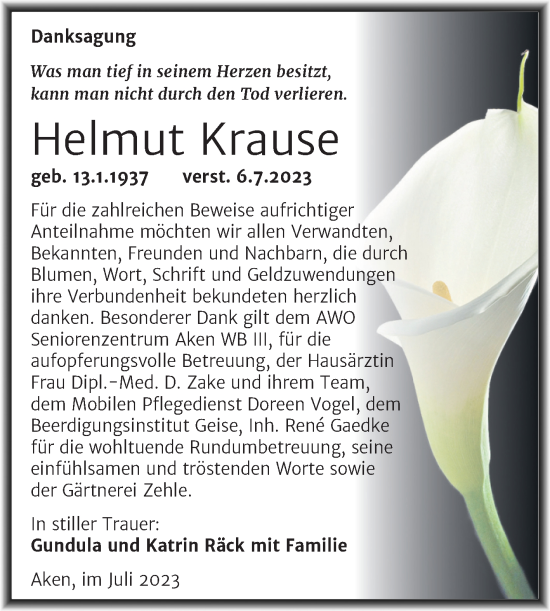 Traueranzeige von Helmut Krause von Trauerkombi Köthen