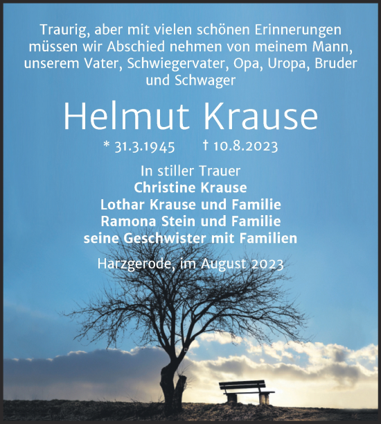 Traueranzeige von Helmut Krause von Trauerkombi Quedlinburg