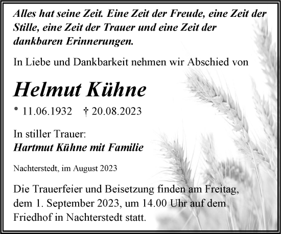 Traueranzeige von Helmut Kühne von Trauerkombi Aschersleben