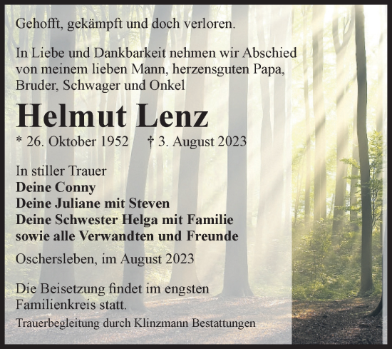 Traueranzeige von Helmut Lenz von Volksstimme Oschersleben/Wanzleben