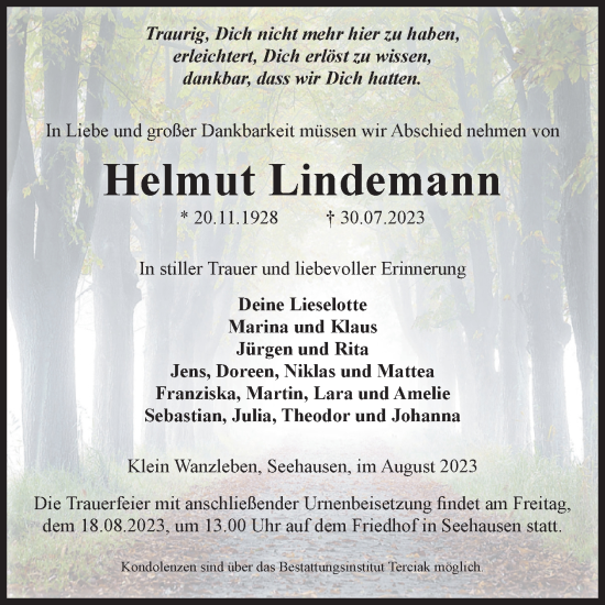 Traueranzeige von Helmut Lindemann von Volksstimme Oschersleben/Wanzleben