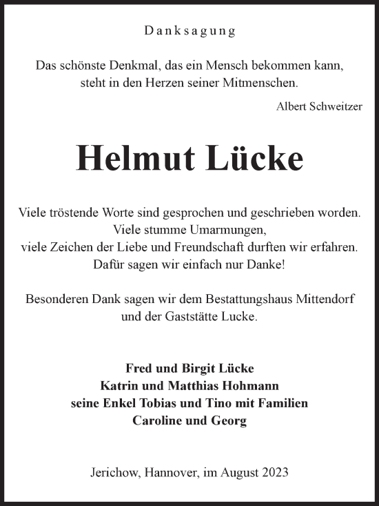 Traueranzeige von Helmut Lücke von Volksstimme Burg/Genthin