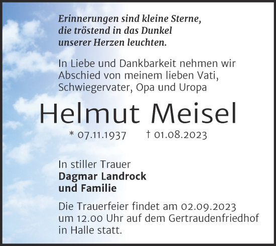 Traueranzeige von Helmut Meisel von Mitteldeutsche Zeitung Halle/Saalkreis