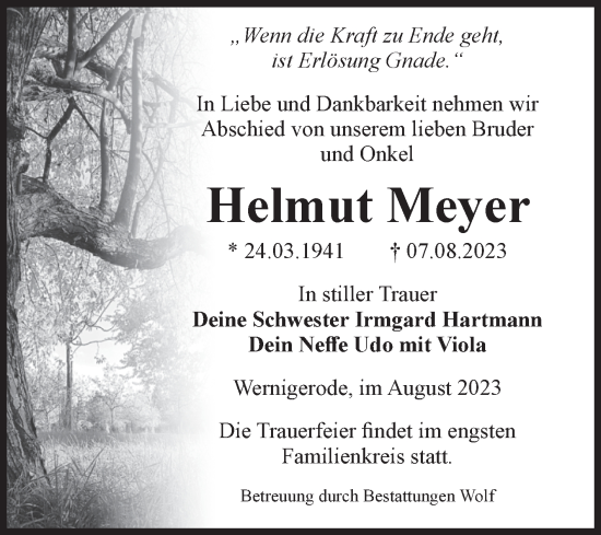Traueranzeige von Helmut Meyer von Volksstimme Wernigerode
