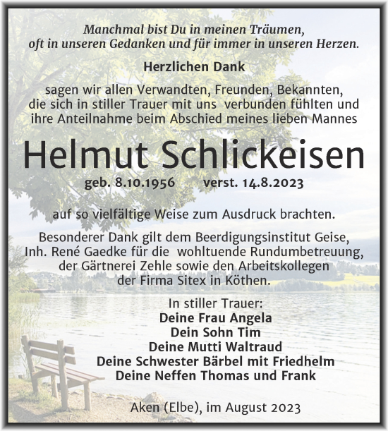 Traueranzeige von Helmut Schlickeisen von Trauerkombi Köthen