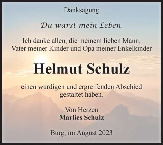 Traueranzeige von Helmut Schulz von Volksstimme Burg/Genthin