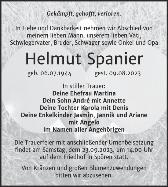 Traueranzeige von Helmut Spanier von Trauerkombi Bitterfeld