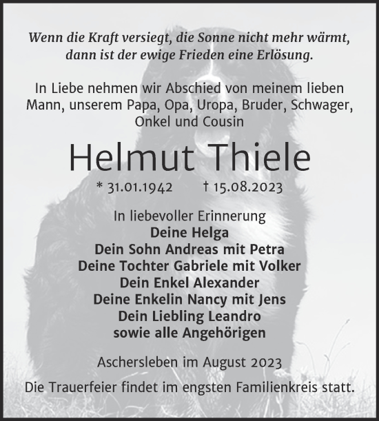 Traueranzeige von Helmut Thiele von Trauerkombi Aschersleben