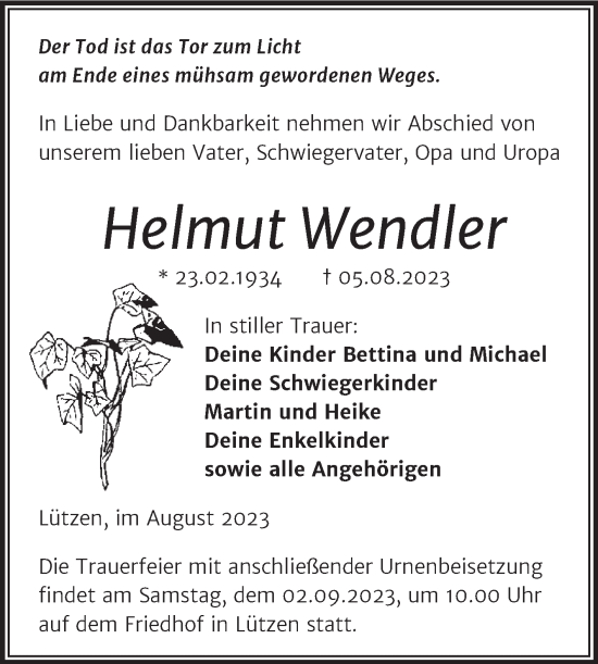Traueranzeige von Helmut Wendler von Trauerkombi Weißenfels