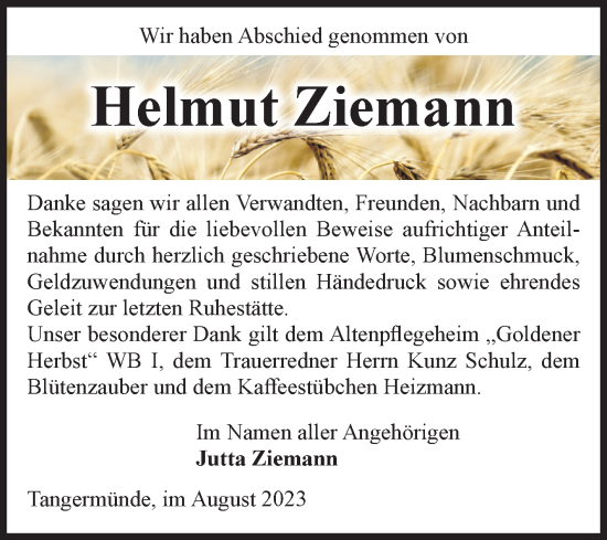 Traueranzeige von Helmut Ziemann von Volksstimme Altmark Ost