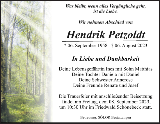 Traueranzeige von Hendrik Petzoldt von Volksstimme Magdeburg