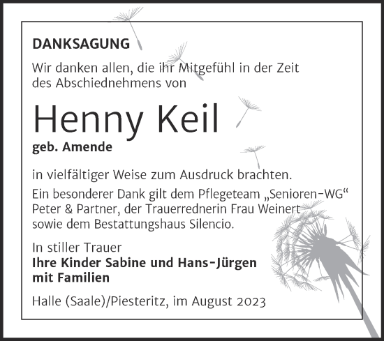 Traueranzeige von Henny Keil von Mitteldeutsche Zeitung Halle/Saalkreis