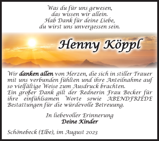 Traueranzeige von Henny Köppl von Volksstimme Schönebeck