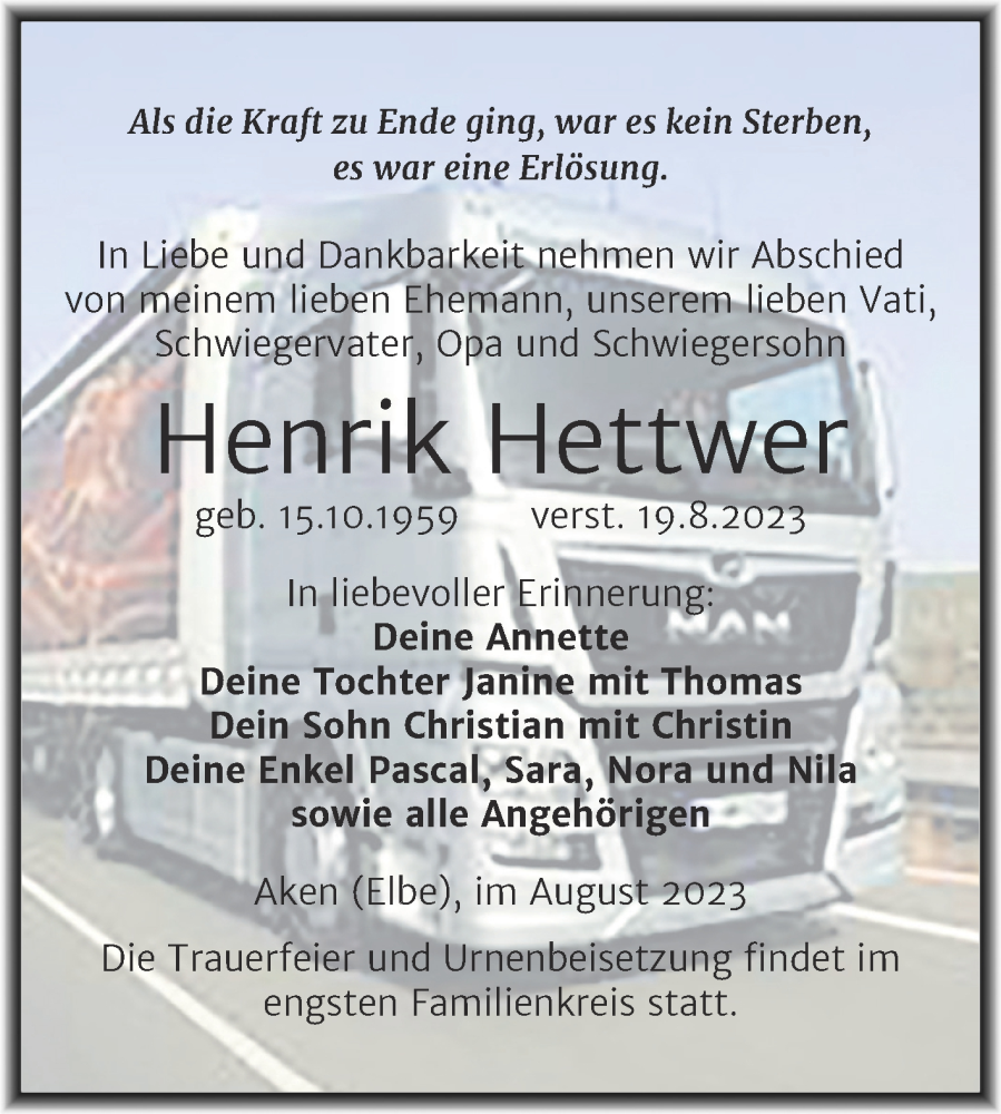  Traueranzeige für Henrik Hettwer vom 23.08.2023 aus Trauerkombi Köthen