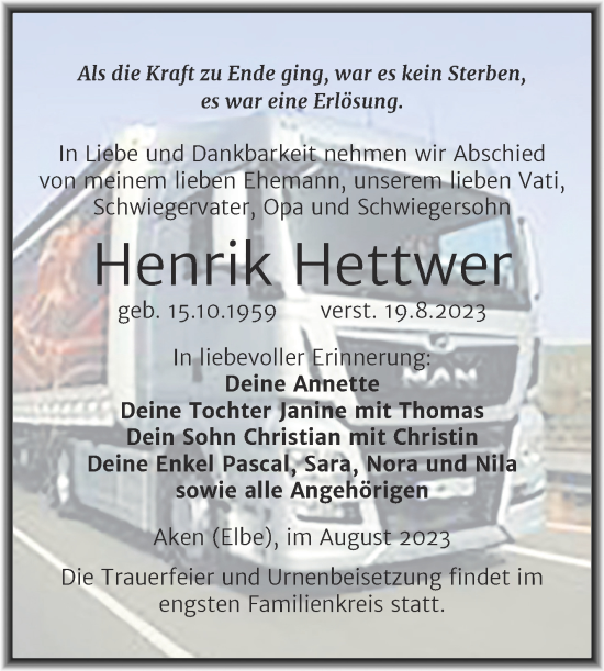 Traueranzeige von Henrik Hettwer von Trauerkombi Köthen