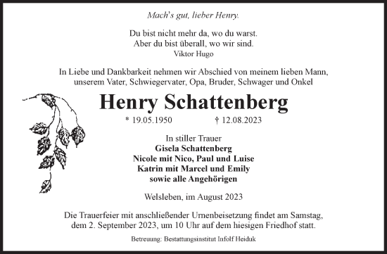 Traueranzeige von Henry Schattenberg von Volksstimme Schönebeck