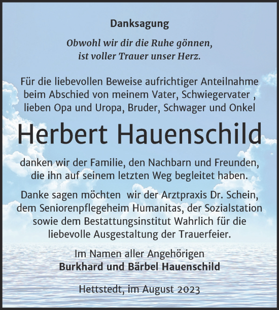 Traueranzeige von Herbert Hauenschild von Trauerkombi Mansfelder Land