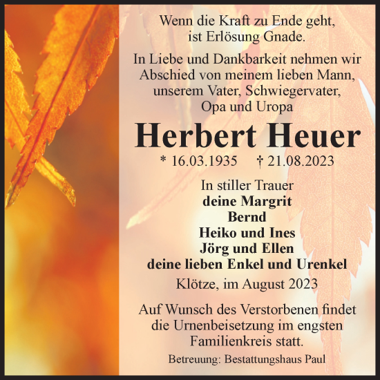 Traueranzeige von Herbert Heuer von Volksstimme Altmark West