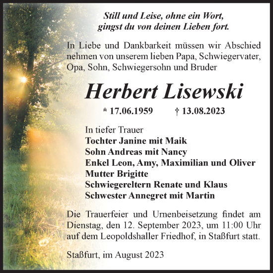 Traueranzeige von Herbert Lisewski von Volksstimme Staßfurt