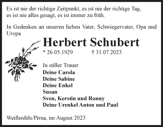 Traueranzeige von Herbert Schubert von Volksstimme Altmark West