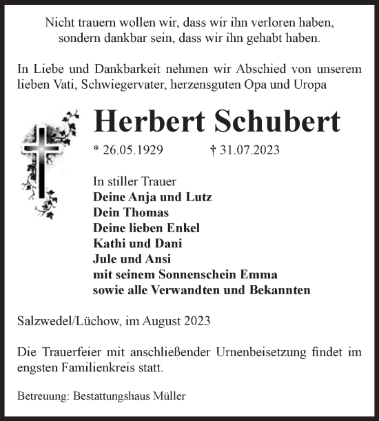 Traueranzeige von Herbert Schubert von Volksstimme Altmark West