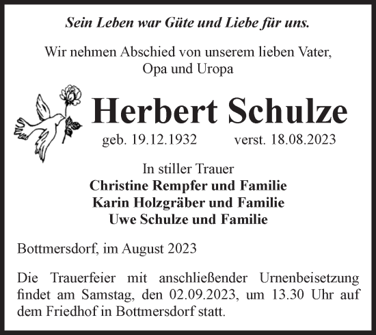 Traueranzeige von Herbert Schulze von Volksstimme Oschersleben/Wanzleben