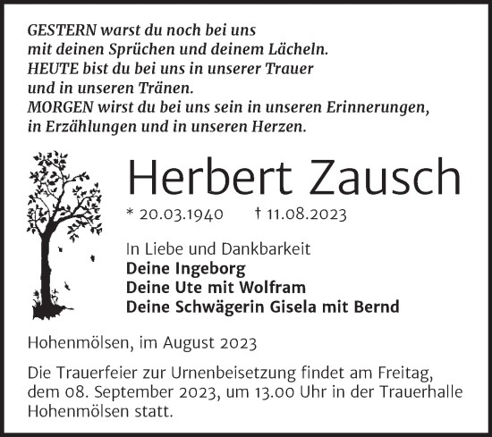 Traueranzeige von Herbert Zausch von Trauerkombi Weißenfels