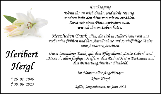 Traueranzeige von Heribert Hergl von Trauerkombi Sangerhausen