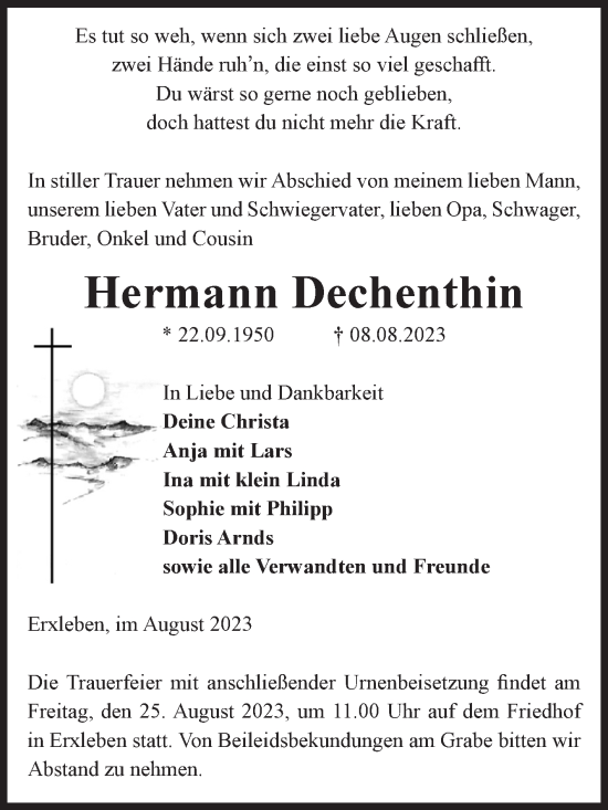 Traueranzeige von Hermann Dechenthin von Volksstimme Altmark Ost
