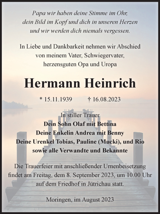 Traueranzeige von Hermann Heinrich von Volksstimme Zerbst