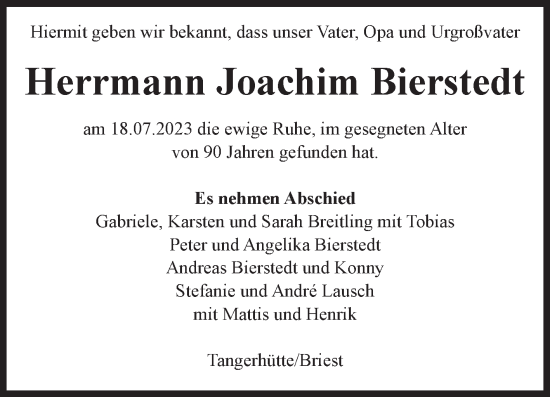 Traueranzeige von Herrmann Joachim Bierstedt von Volksstimme Altmark Ost