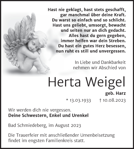 Traueranzeige von Herta Weigel von Trauerkombi Wittenberg