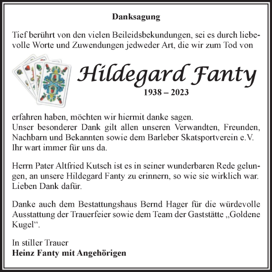 Traueranzeige von Hildegard Fanty von Volksstimme Magdeburg