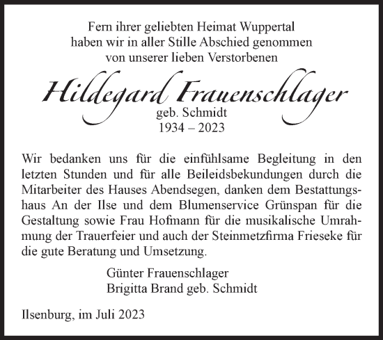 Traueranzeige von Hildegard Frauenschlager von Volksstimme Wernigerode