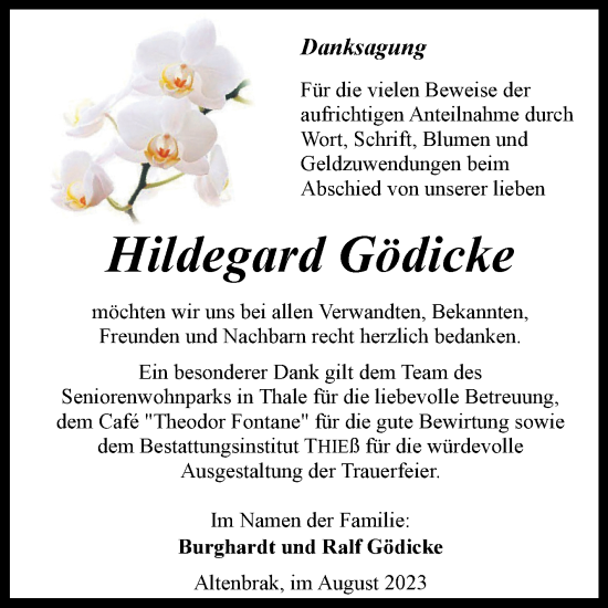 Traueranzeige von Hildegard Gädicke von Volksstimme Wernigerode