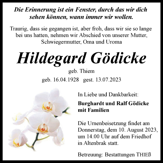 Traueranzeige von Hildegard Gädicke von Volksstimme Wernigerode