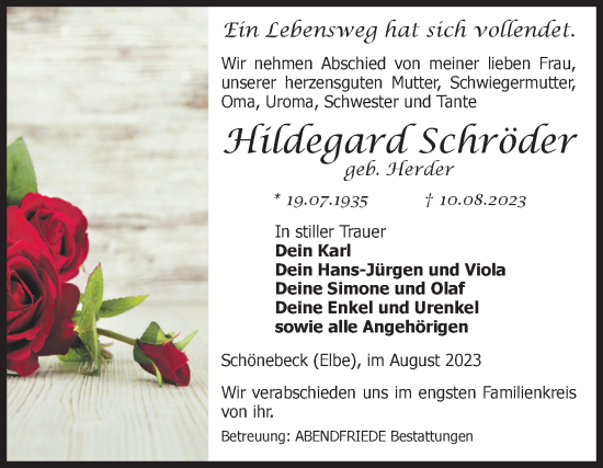 Traueranzeige von Hildegard Schröder von Volksstimme Schönebeck
