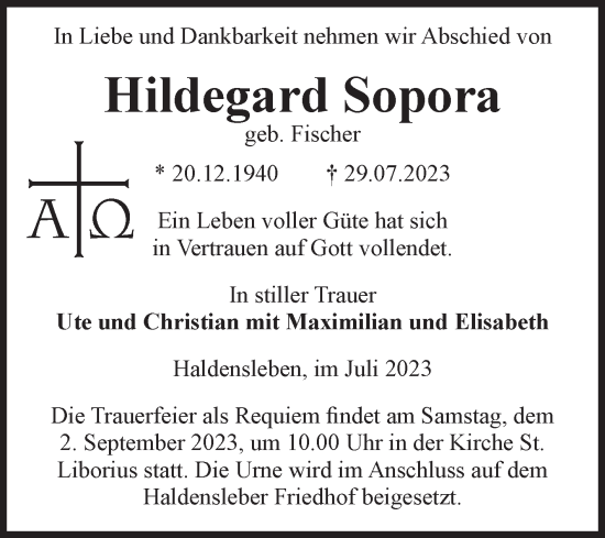 Traueranzeige von Hildegard Sopora von Volksstimme Haldensleben/Wolmirstedt