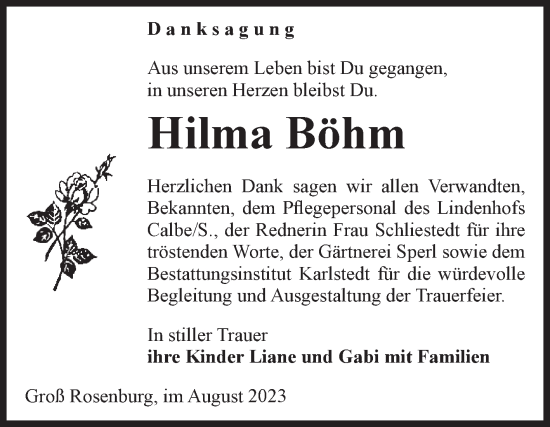 Traueranzeige von Hilma Böhm von Volksstimme Schönebeck