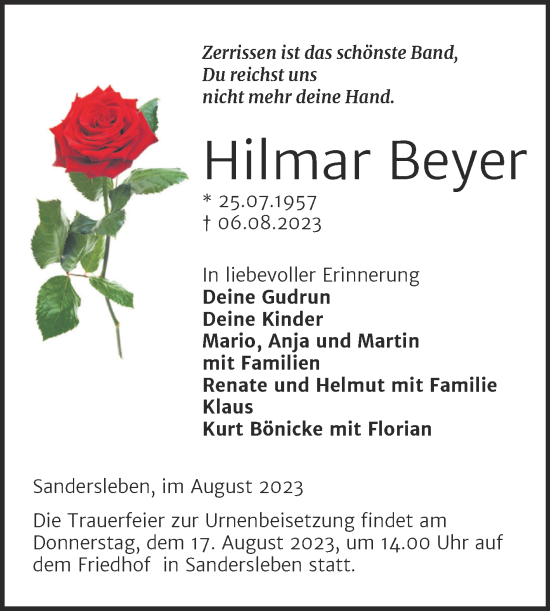 Traueranzeige von Hilmar Beyer von Trauerkombi Mansfelder Land