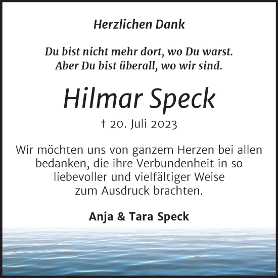 Traueranzeige von Hilmar Speck von Mitteldeutsche Zeitung Halle/Saalkreis
