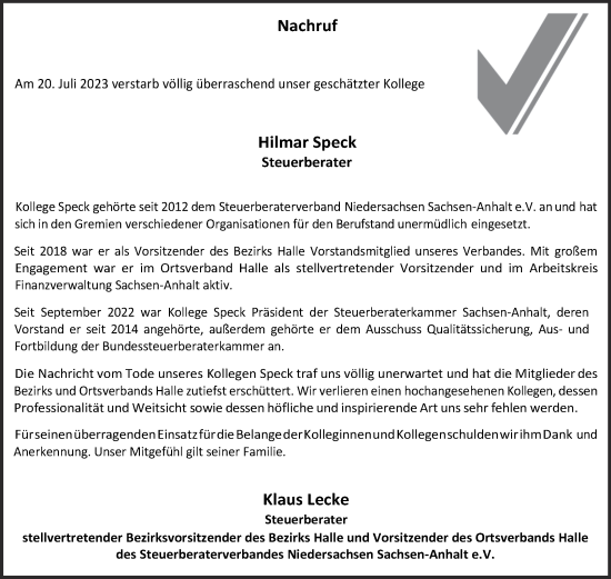 Traueranzeige von Hilmar Speck von Mitteldeutsche Zeitung Halle/Saalkreis