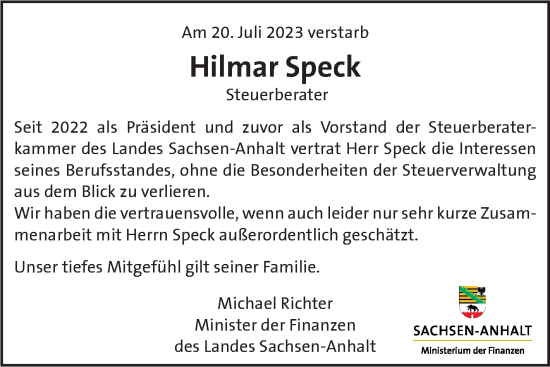 Traueranzeige von Hilmar Speck von Mitteldeutsche Zeitung Halle/Saalkreis
