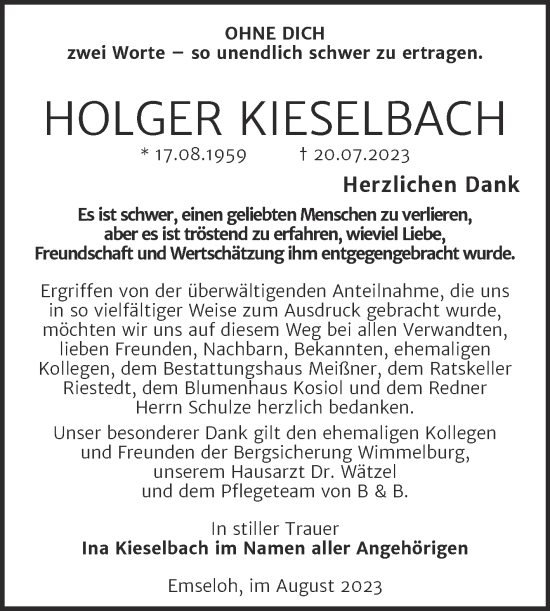 Traueranzeige von Holger Kieselbach von Mitteldeutsche Zeitung Sangerhausen