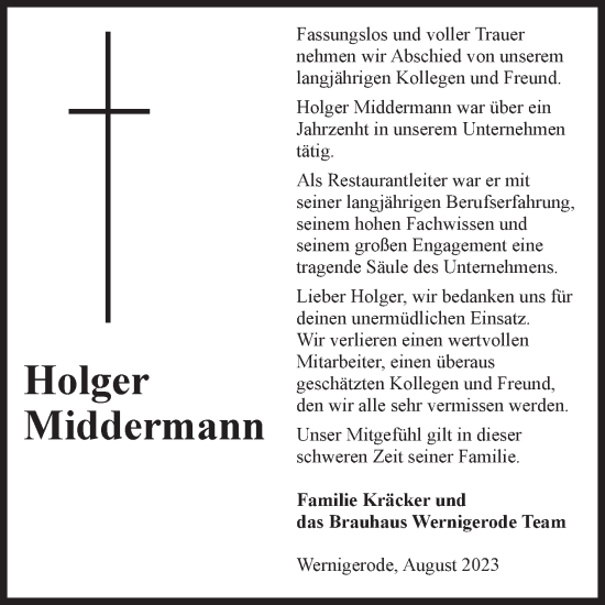 Traueranzeige von Holger Middermann von Volksstimme Wernigerode