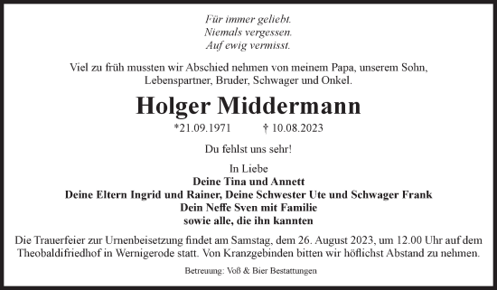 Traueranzeige von Holger Middermann von Volksstimme Wernigerode