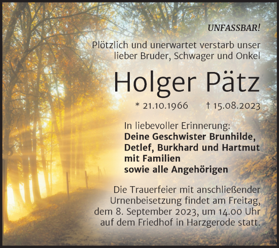 Traueranzeige von Holger Pätz von Trauerkombi Quedlinburg