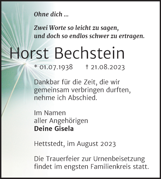 Traueranzeige von Horst Bechstein von Trauerkombi Mansfelder Land